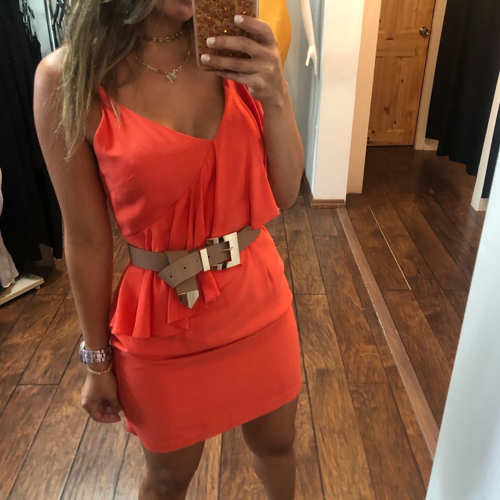 One Shoulder Ruffle Orange Dress
